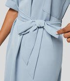 Collared Roll Up Sleeve Belted Relaxed Work Shirt Dress — Misted Blue — view 7