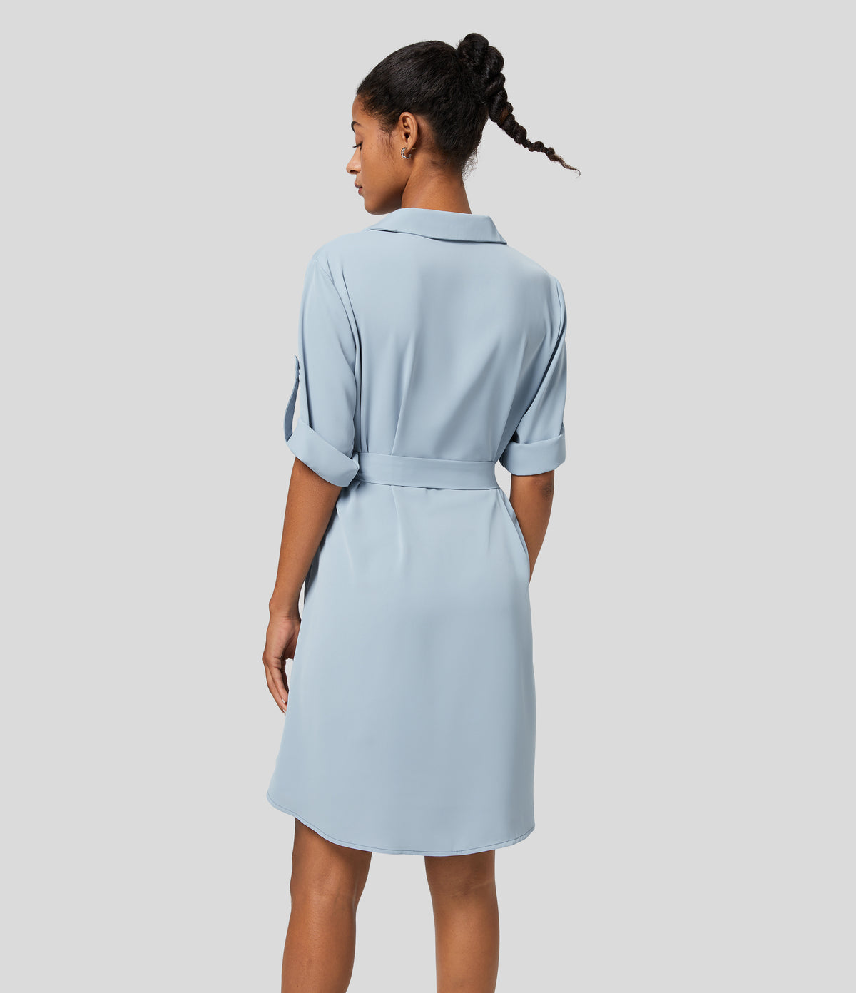 Collared Roll Up Sleeve Belted Relaxed Work Shirt Dress — Misted Blue — view 3