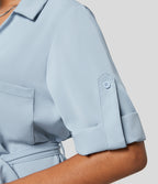 Collared Roll Up Sleeve Belted Relaxed Work Shirt Dress — Misted Blue — view 6