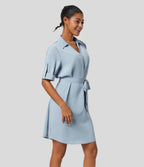 Collared Roll Up Sleeve Belted Relaxed Work Shirt Dress — Misted Blue — view 4