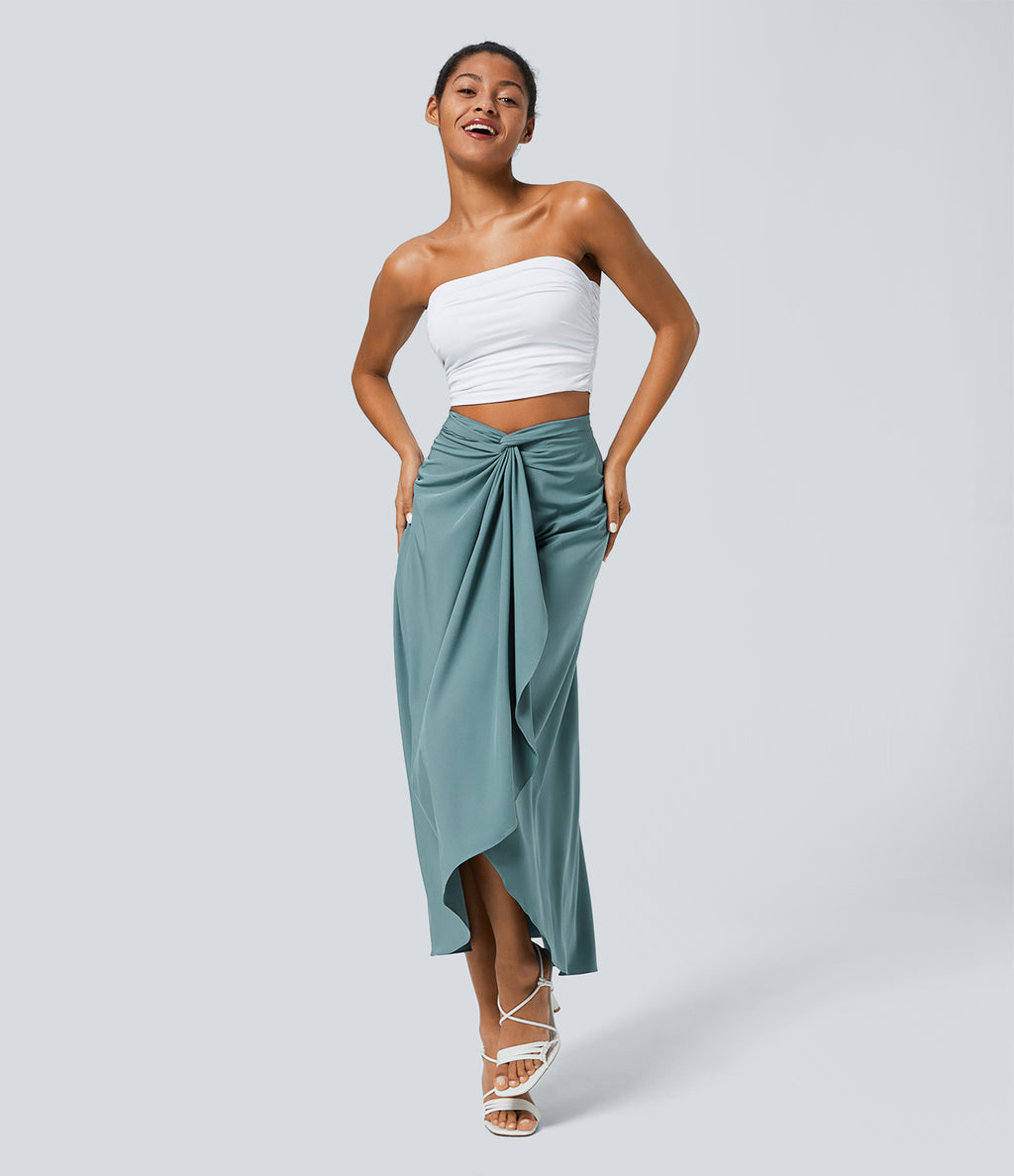 High Waisted Wrapped Tie Back Quick Dry Skirt — Stone Blue — view 7