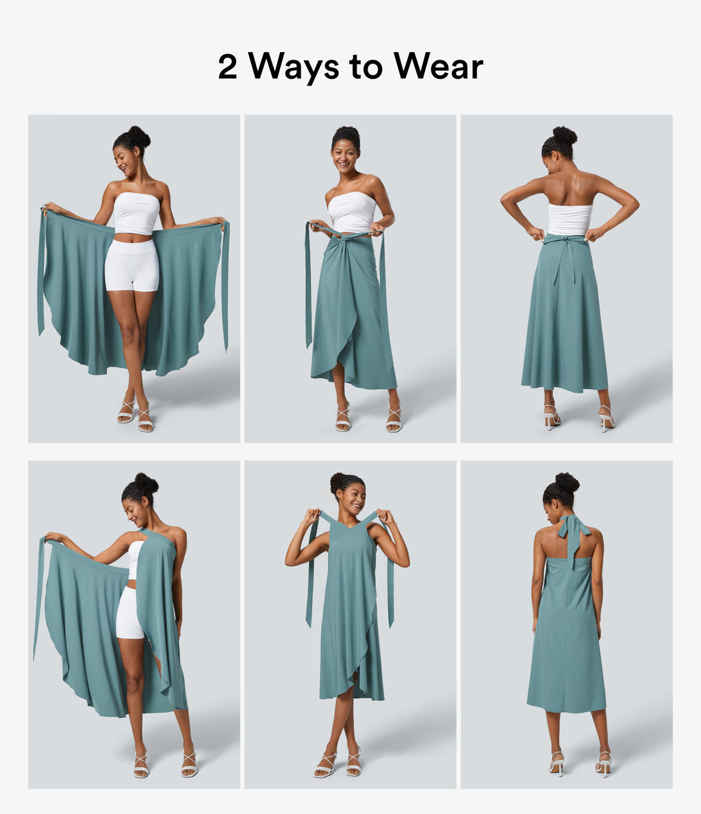 High Waisted Wrapped Tie Back Quick Dry Skirt — Stone Blue — view 4