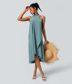 High Waisted Wrapped Tie Back Quick Dry Skirt — Stone Blue — view 8