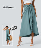 High Waisted Wrapped Tie Back Quick Dry Skirt — Stone Blue — view 1