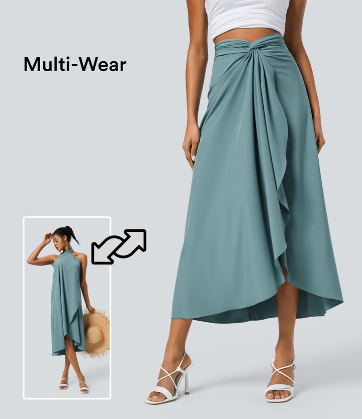 High Waisted Wrapped Tie Back Quick Dry Skirt — Stone Blue — view 1