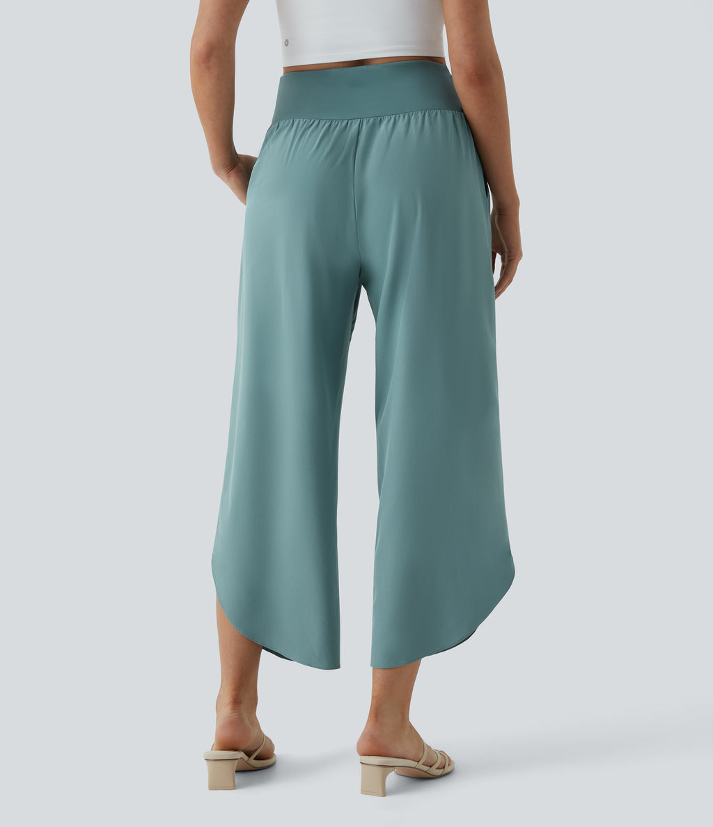 High Waisted Crossover Quick Dry Resort Trousers with Pockets — Stone Blue — view 2