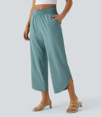 High Waisted Crossover Quick Dry Resort Trousers with Pockets — Stone Blue — view 1