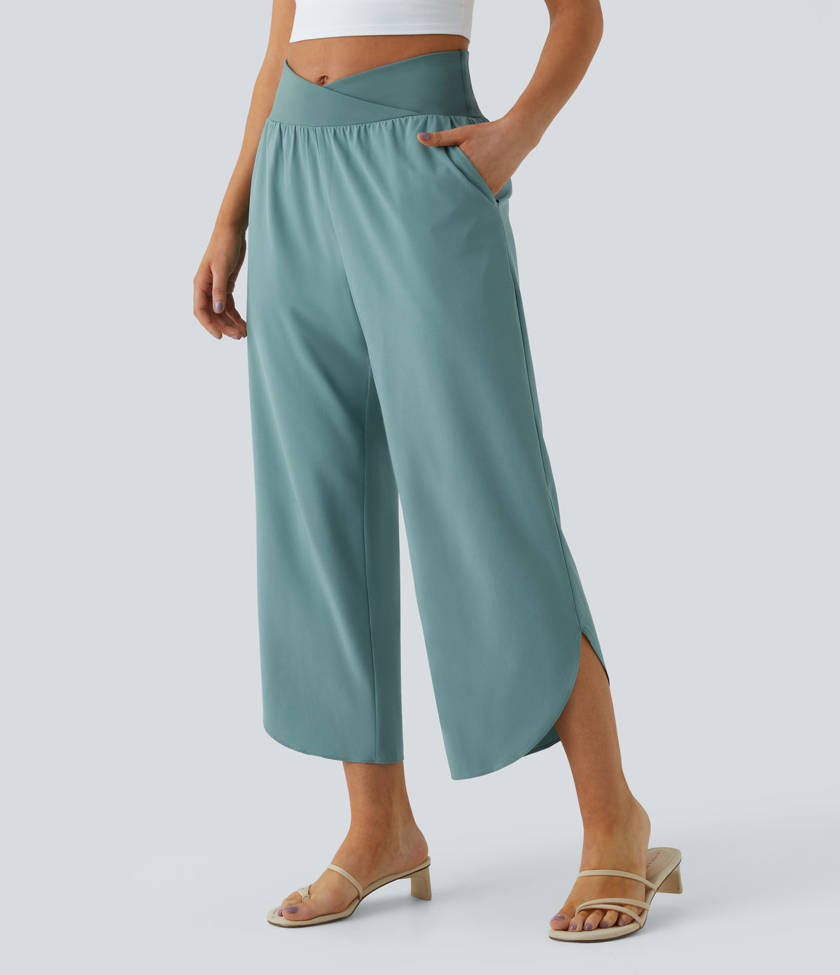 High Waisted Crossover Quick Dry Resort Trousers with Pockets — Stone Blue — view 1
