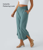 High Waisted Crossover Quick Dry Resort Trousers with Pockets — Stone Blue — view 6