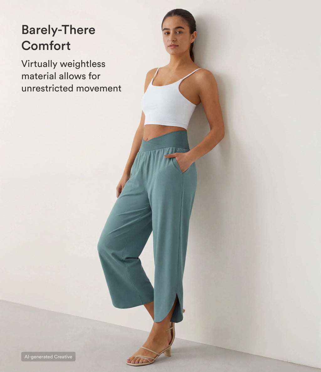 High Waisted Crossover Quick Dry Resort Trousers with Pockets — Stone Blue — view 4