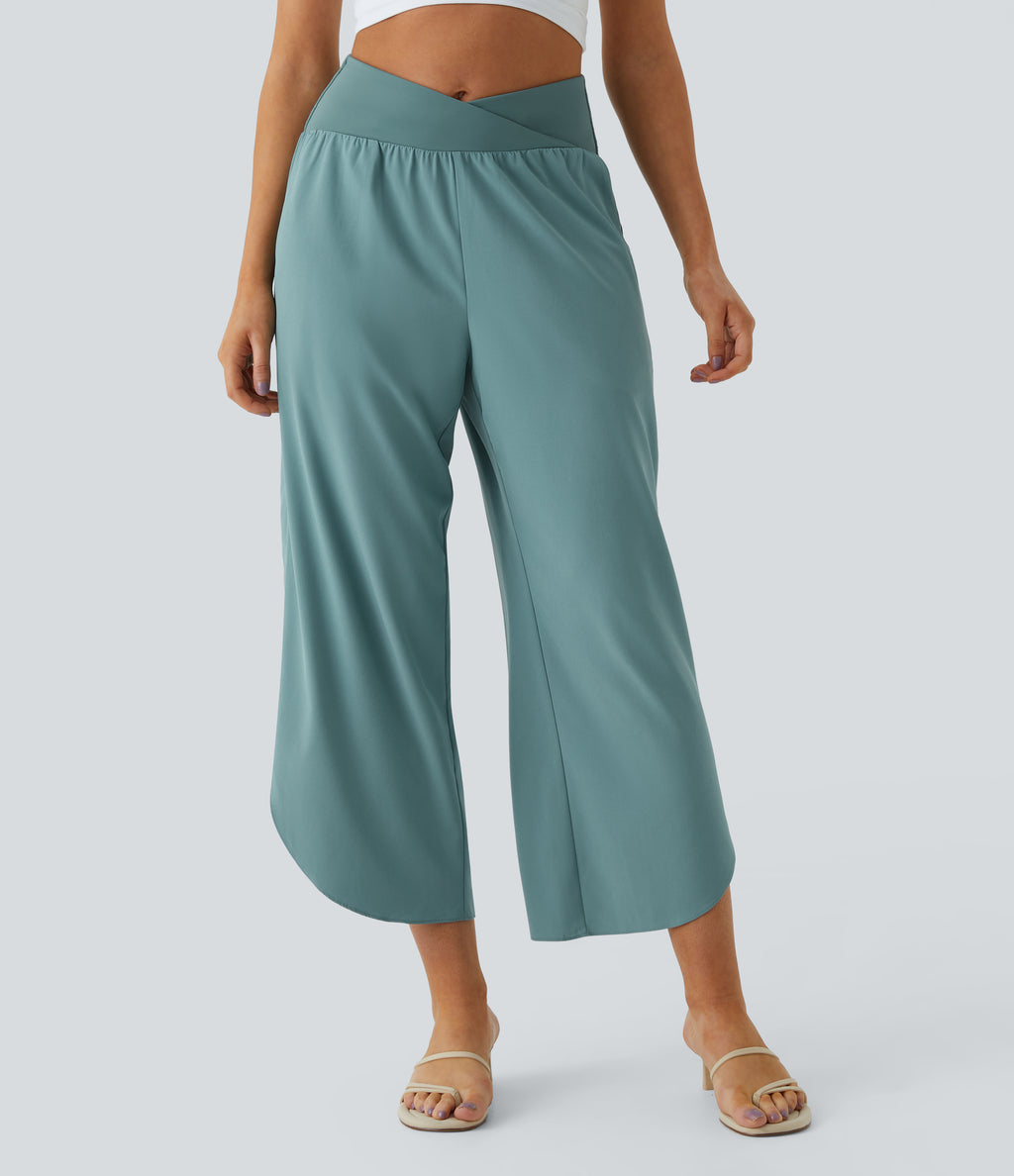 High Waisted Crossover Quick Dry Resort Trousers with Pockets — Stone Blue — view 3