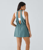 Backless Multiple Pockets Drawstring 2-Piece Quick Dry Mini Hiking Active Dress — Stone Blue — view 4