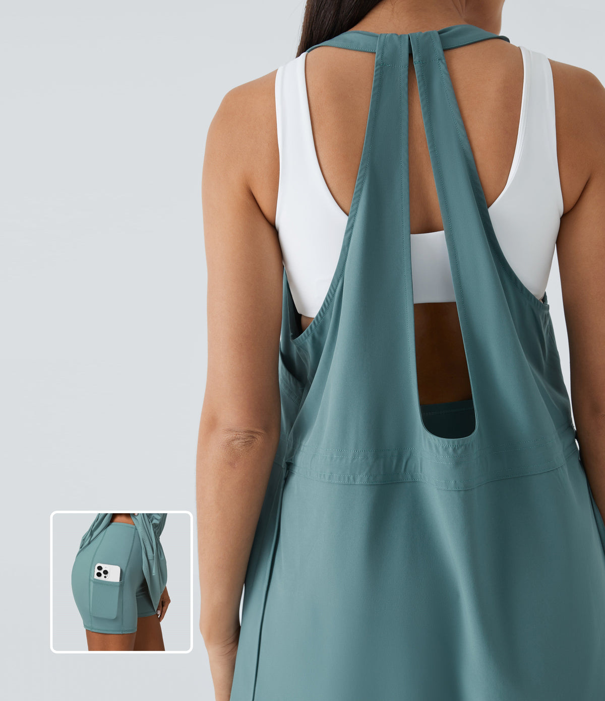 Backless Multiple Pockets Drawstring 2-Piece Quick Dry Mini Hiking Active Dress — Stone Blue — view 1