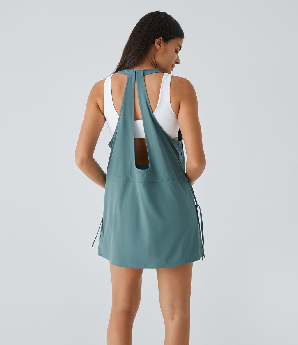 Backless Multiple Pockets Drawstring 2-Piece Quick Dry Mini Hiking Active Dress — Stone Blue — view 3