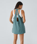 Backless Multiple Pockets Drawstring 2-Piece Quick Dry Mini Hiking Active Dress — Stone Blue — view 3