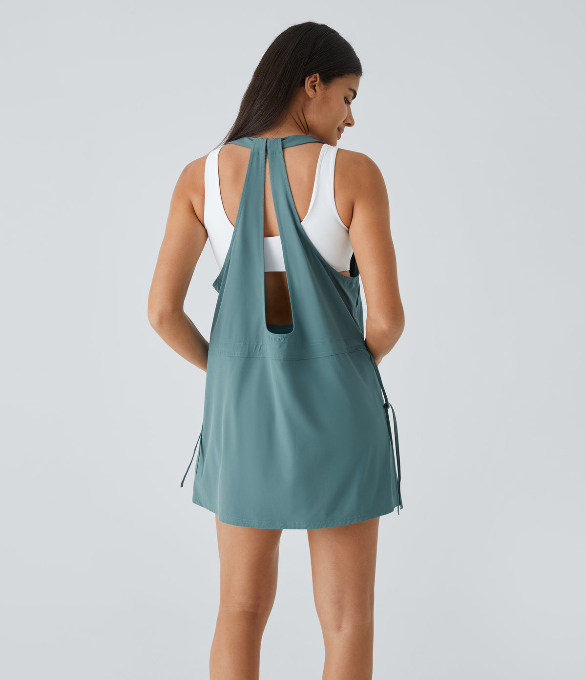 Backless Multiple Pockets Drawstring 2-Piece Quick Dry Mini Hiking Active Dress — Stone Blue — view 3