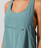 Backless Multiple Pockets Drawstring 2-Piece Quick Dry Mini Hiking Active Dress — Stone Blue — view 7