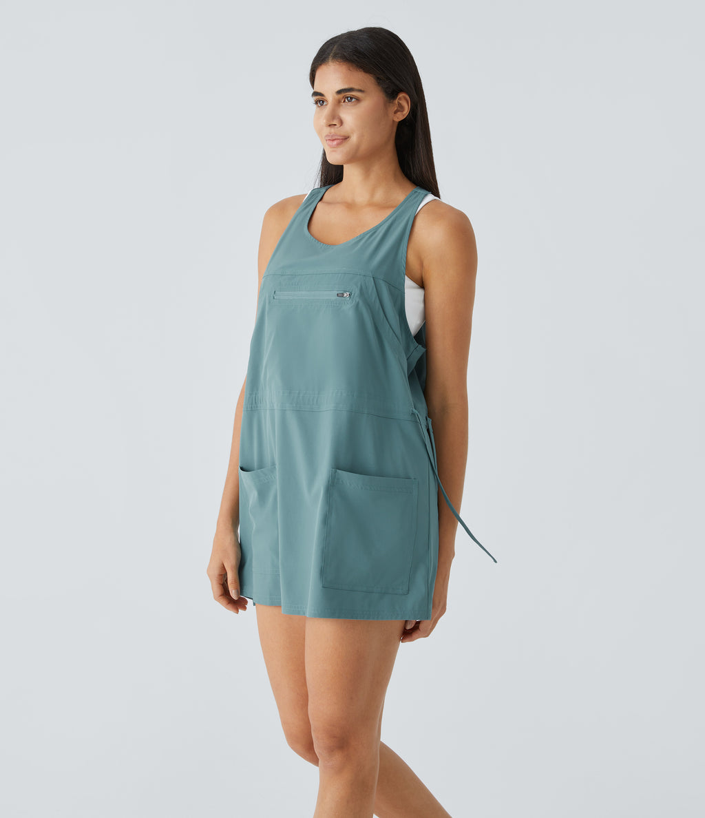 Backless Multiple Pockets Drawstring 2-Piece Quick Dry Mini Hiking Active Dress — Stone Blue — view 6