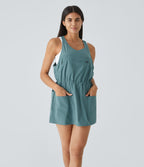 Backless Multiple Pockets Drawstring 2-Piece Quick Dry Mini Hiking Active Dress — Stone Blue — view 2