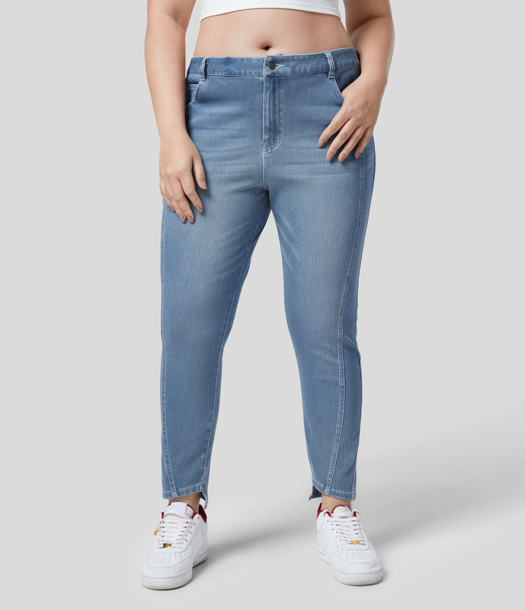 Mid Rise Zipper Pockets Casual Plus Size Skinny Jeans — Sea Blue Denim — view 2