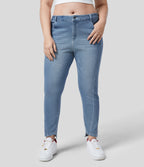 Mid Rise Zipper Pockets Casual Plus Size Skinny Jeans — Sea Blue Denim — view 2