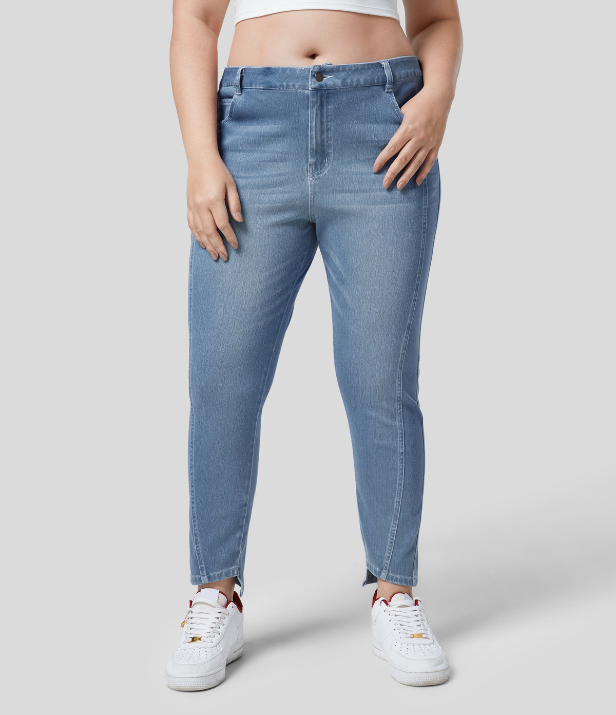 Mid Rise Zipper Pockets Casual Plus Size Skinny Jeans — Sea Blue Denim — view 2