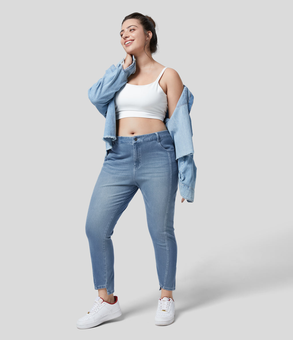 Mid Rise Zipper Pockets Casual Plus Size Skinny Jeans — Sea Blue Denim — view 8