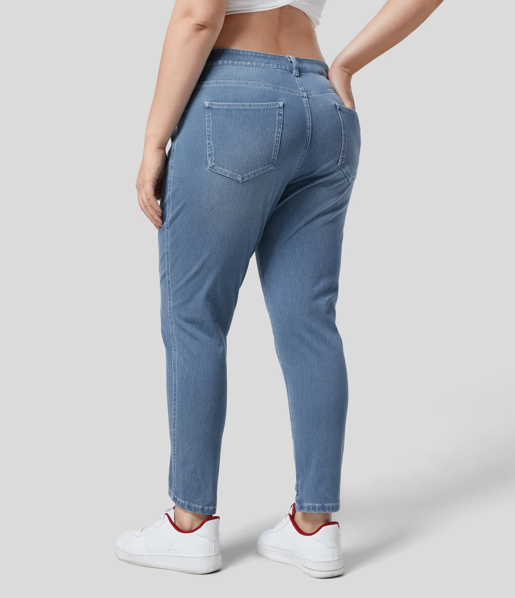 Mid Rise Zipper Pockets Casual Plus Size Skinny Jeans — Sea Blue Denim — view 1