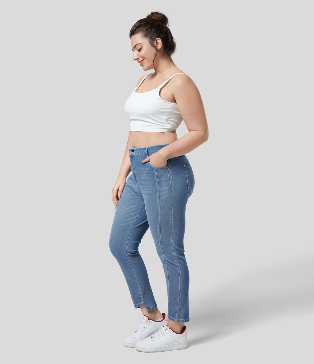 Mid Rise Zipper Pockets Casual Plus Size Skinny Jeans — Sea Blue Denim — view 7