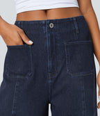 High Waisted Pockets Washed Casual Wide Leg Jeans — Deep Blue Water Denim — view 6