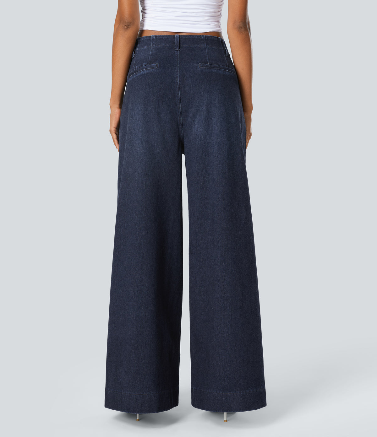 High Waisted Pockets Washed Casual Wide Leg Jeans — Deep Blue Water Denim — view 3