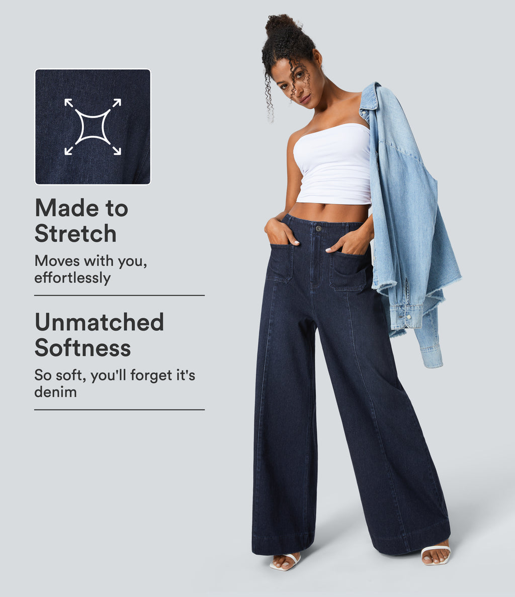 High Waisted Pockets Washed Casual Wide Leg Jeans — Deep Blue Water Denim — view 1