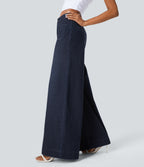 High Waisted Pockets Washed Casual Wide Leg Jeans — Deep Blue Water Denim — view 4