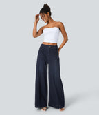 High Waisted Pockets Washed Casual Wide Leg Jeans — Deep Blue Water Denim — view 7