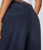High Waisted Pockets Washed Casual Wide Leg Jeans — Deep Blue Water Denim — view 5