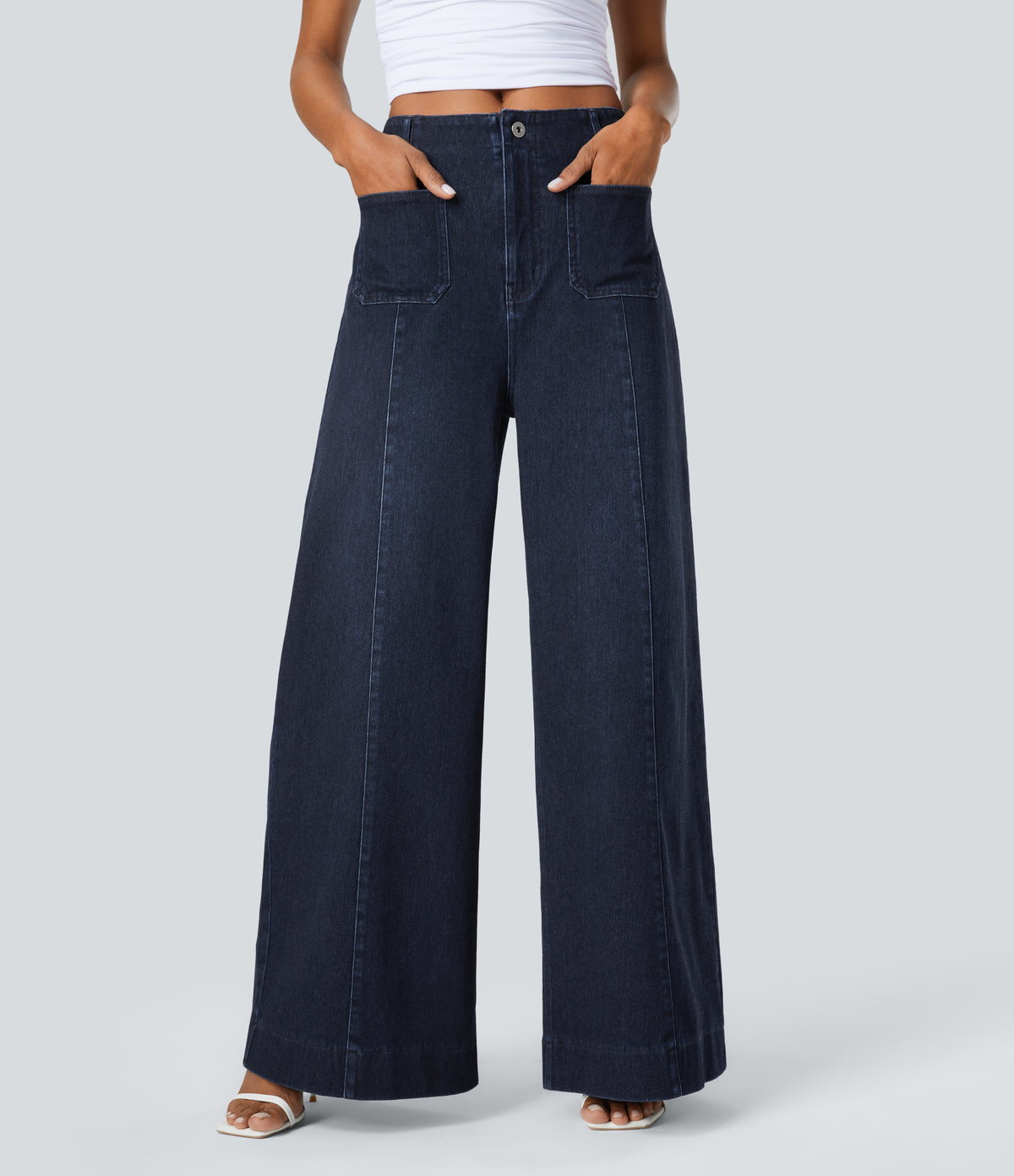 High Waisted Pockets Washed Casual Wide Leg Jeans — Deep Blue Water Denim — view 2