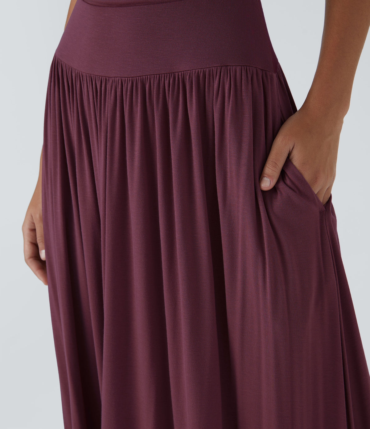 Ribbed Boat Neck Asymmetric Strap Ruched Side Pocket Flowy Maxi Casual Dress — Maroon Banner — view 5