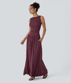 Ribbed Boat Neck Asymmetric Strap Ruched Side Pocket Flowy Maxi Casual Dress — Maroon Banner — view 3