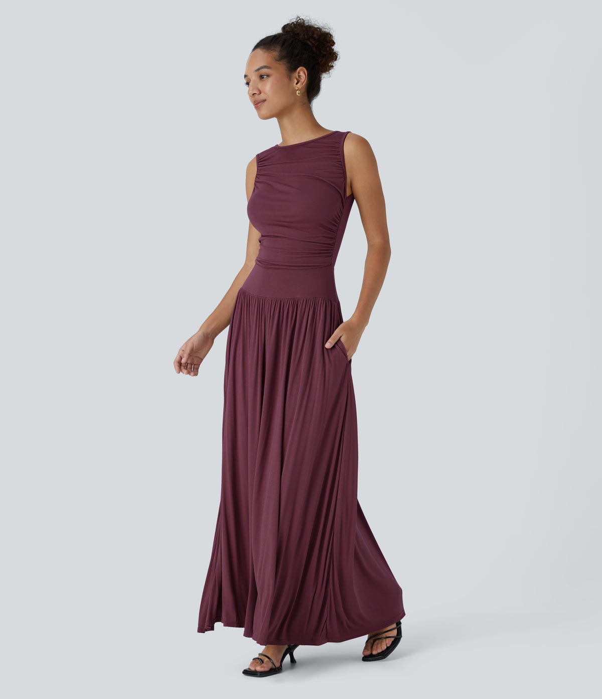Ribbed Boat Neck Asymmetric Strap Ruched Side Pocket Flowy Maxi Casual Dress — Maroon Banner — view 3