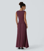 Ribbed Boat Neck Asymmetric Strap Ruched Side Pocket Flowy Maxi Casual Dress — Maroon Banner — view 2