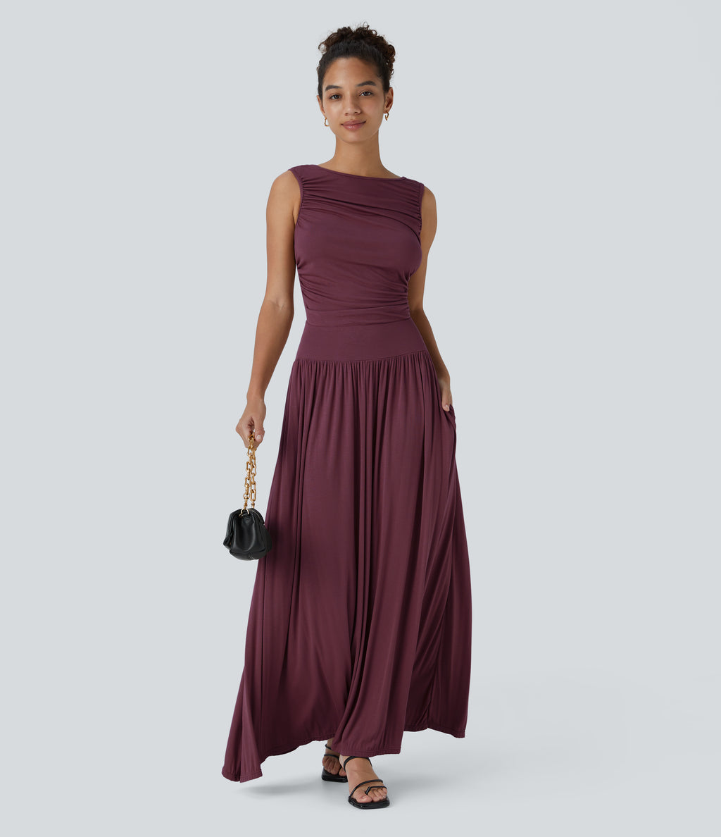 Ribbed Boat Neck Asymmetric Strap Ruched Side Pocket Flowy Maxi Casual Dress — Maroon Banner — view 1