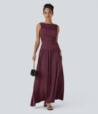 Ribbed Boat Neck Asymmetric Strap Ruched Side Pocket Flowy Maxi Casual Dress — Maroon Banner — view 1