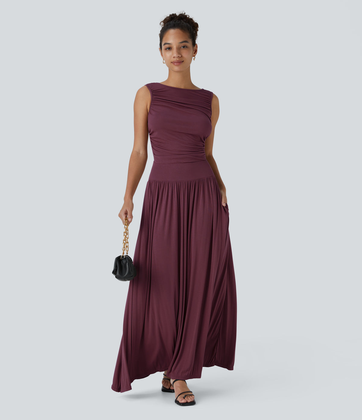 Ribbed Boat Neck Asymmetric Strap Ruched Side Pocket Flowy Maxi Casual Dress — Maroon Banner — view 1