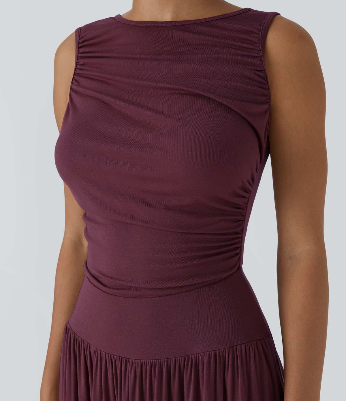 Ribbed Boat Neck Asymmetric Strap Ruched Side Pocket Flowy Maxi Casual Dress — Maroon Banner — view 4