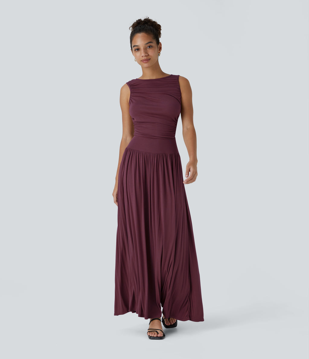 Ribbed Boat Neck Asymmetric Strap Ruched Side Pocket Flowy Maxi Casual Dress — Maroon Banner — view 6