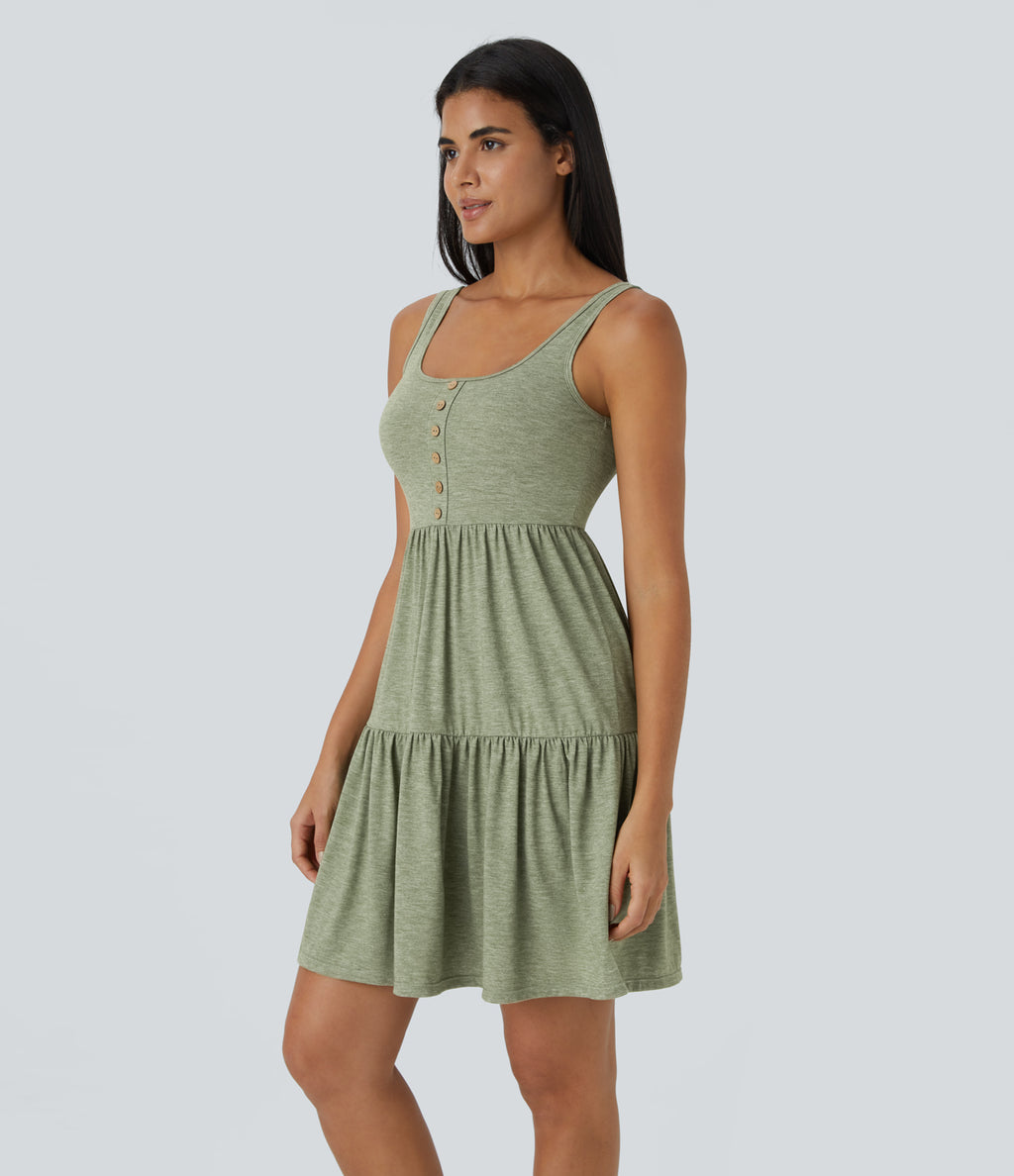 U Neck Backless Button Ruffle Hem Flowy Mini Resort Dress — Light Green Floral Yarn — view 3