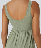 U Neck Backless Button Ruffle Hem Flowy Mini Resort Dress — Light Green Floral Yarn — view 4