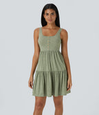 U Neck Backless Button Ruffle Hem Flowy Mini Resort Dress — Light Green Floral Yarn — view 1