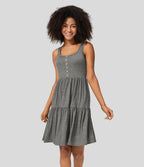 U Neck Backless Button Ruffle Hem Flowy Mini Resort Dress — Darl Gray Floral Yarn — view 6