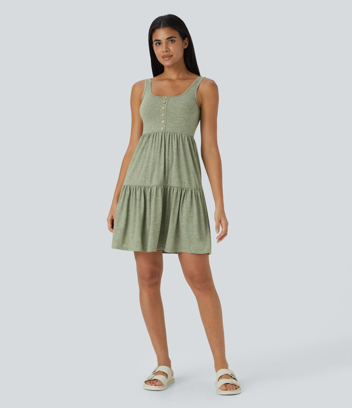 U Neck Backless Button Ruffle Hem Flowy Mini Resort Dress — Light Green Floral Yarn — view 5